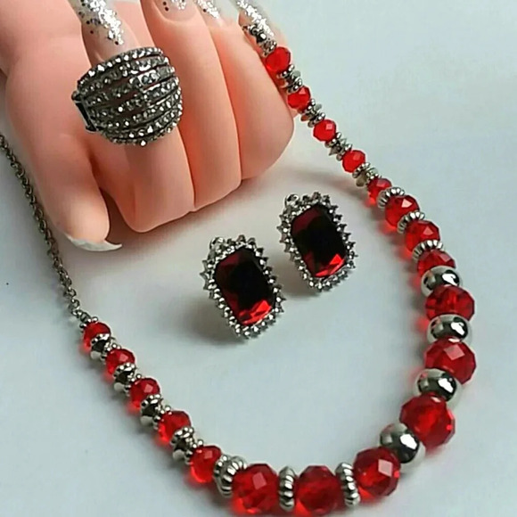 Jewelry - Red Ruby Silver Crystal Necklace Set (FREE Ring)